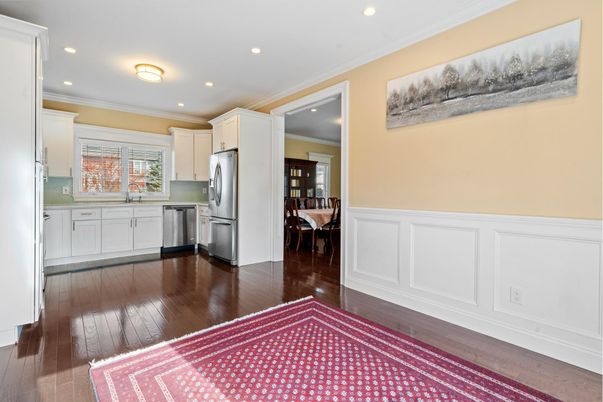Dining room, Interior, Kitchen, Recessed Lighting, Stainless Steel Appliances, Wood Texture Flooring