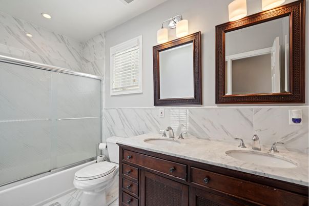 Bathroom, Dual Sink Vanities, Interior, Marble, Marble Walls, Recessed Lighting