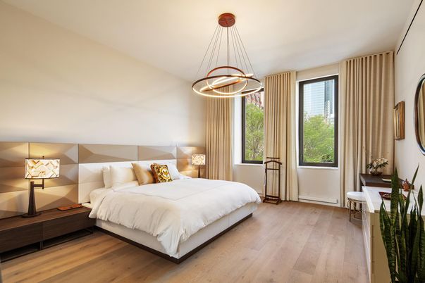 Bedroom, Interior, Pendant Lights, Wood Texture Flooring