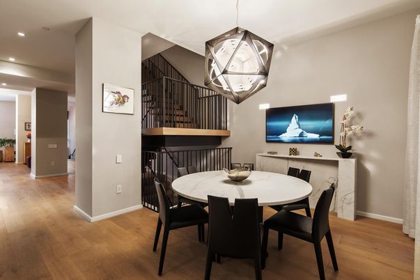 Dining room, Interior, Pendant Lights, Recessed Lighting, Wood Texture Flooring