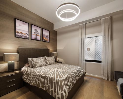Bedroom, Interior, Pendant Lights, Wood Texture Flooring