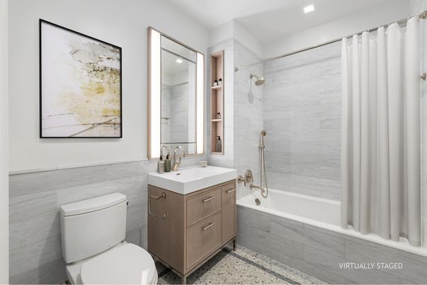 Bathroom, Interior, Marble Walls, Recessed Lighting, Wood Texture Flooring