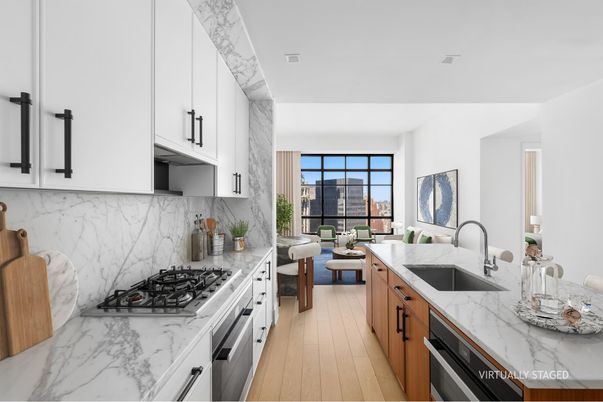 Interior, Kitchen, Living room, Marble Walls, Stainless Steel Appliances, Wood Texture Flooring