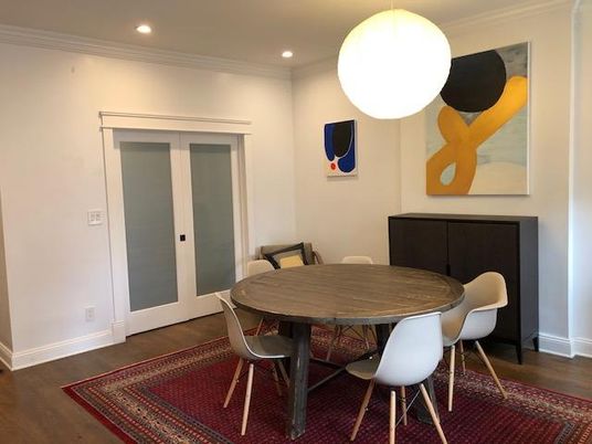 Dining room, Interior, Pendant Lights, Recessed Lighting, Wood Texture Flooring