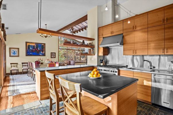 Dining room, Interior, Kitchen, Pendant Lights, Stainless Steel Appliances, Wood Texture Flooring