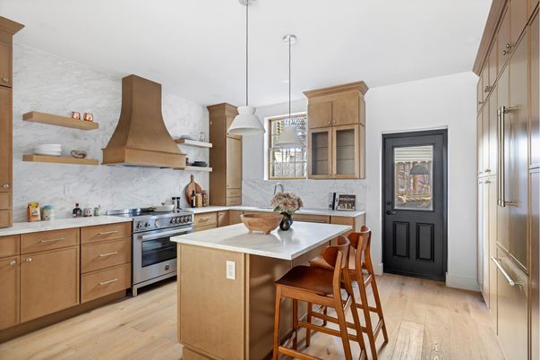 Interior, Kitchen, Marble Walls, Pendant Lights, Stainless Steel Appliances, Wood Texture Flooring