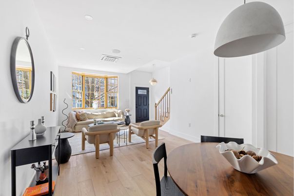 Dining room, Interior, Living room, Pendant Lights, Recessed Lighting, Wood Texture Flooring