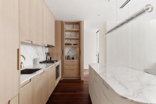 Interior, Kitchen, Marble Walls, Recessed Lighting, Wood Texture Flooring