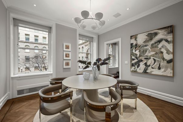 Dining room, Interior, Pendant Lights, Recessed Lighting, Wood Texture Flooring