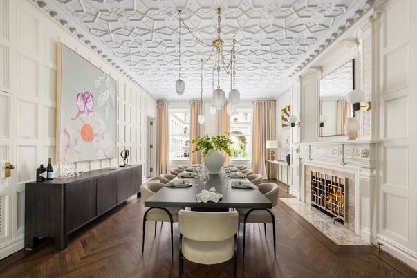 Dining room, Fireplace, Interior, Pendant Lights, Wood Texture Flooring