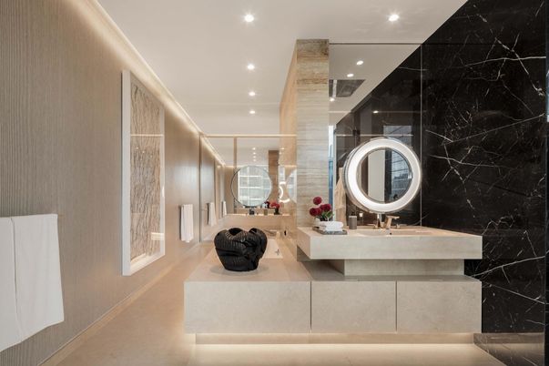 Bathroom, Interior, Marble Walls, Recessed Lighting