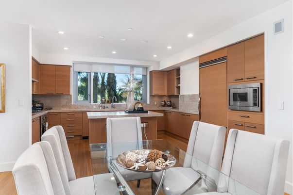 Dining room, Interior, Kitchen, Recessed Lighting, Stainless Steel Appliances, Wood Texture Flooring
