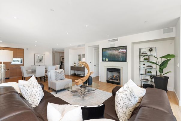 Dining room, Fireplace, Interior, Living room, Recessed Lighting, Wood Texture Flooring