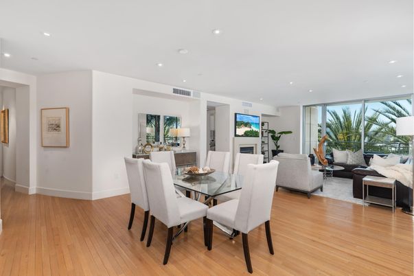 Dining room, Fireplace, Interior, Living room, Recessed Lighting, Wood Texture Flooring