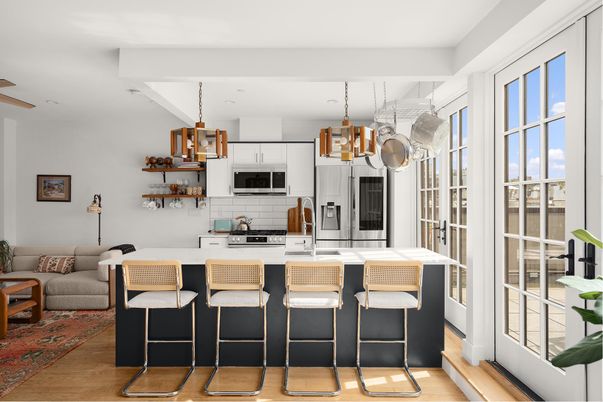 Interior, Kitchen, Living room, Pendant Lights, Recessed Lighting, Stainless Steel Appliances, Wood Texture Flooring