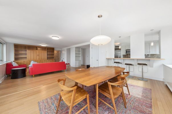 Dining room, Interior, Kitchen, Living room, Pendant Lights, Wood Texture Flooring