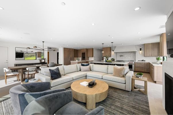 Dining room, Fireplace, Interior, Kitchen, Living room, Pendant Lights, Recessed Lighting, Stainless Steel Appliances