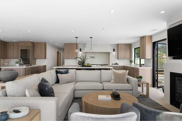 Fireplace, Interior, Kitchen, Living room, Pendant Lights, Recessed Lighting, Stainless Steel Appliances