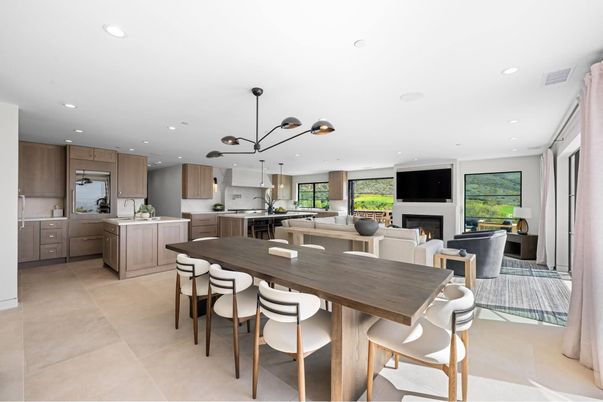 Dining room, Fireplace, Interior, Kitchen, Living room, Pendant Lights, Recessed Lighting, Stainless Steel Appliances