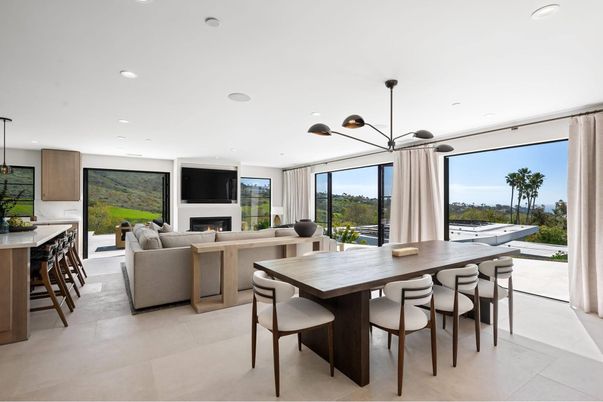 Dining room, Fireplace, Interior, Living room, Pendant Lights, Recessed Lighting