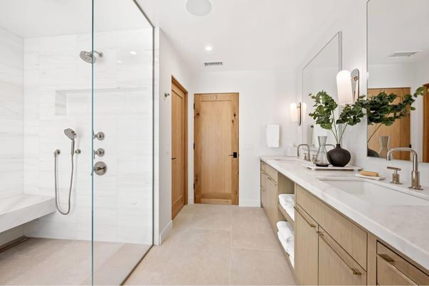 Bathroom, Dual Sink Vanities, Glass Shower, Interior, Recessed Lighting