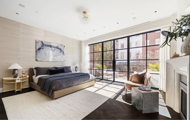 Bedroom, Fireplace, Interior, Recessed Lighting, Wood Texture Flooring