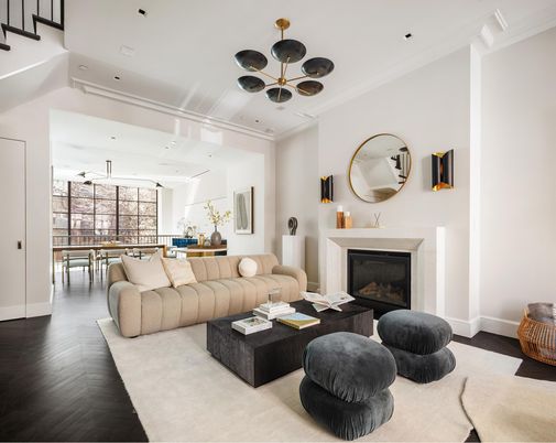 Dining room, Fireplace, Interior, Living room, Pendant Lights, Recessed Lighting, Wood Texture Flooring