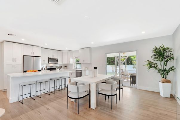 Dining room, Interior, Kitchen, Recessed Lighting, Stainless Steel Appliances, Wood Texture Flooring