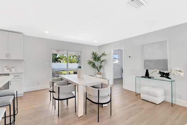 Dining room, Interior, Recessed Lighting, Wood Texture Flooring
