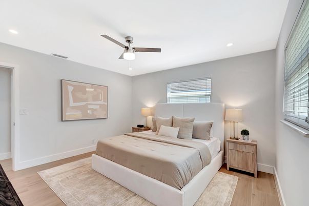 Bedroom, Interior, Recessed Lighting, Wood Texture Flooring