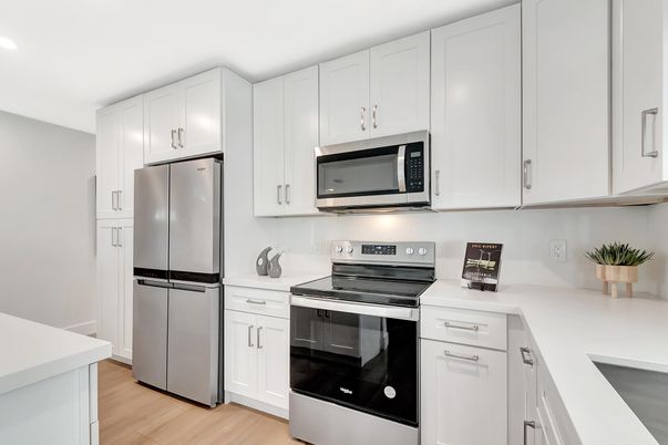 Interior, Kitchen, Recessed Lighting, Stainless Steel Appliances, Wood Texture Flooring