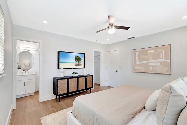 Bedroom, Interior, Recessed Lighting, Wood Texture Flooring