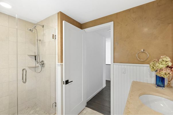 Bathroom, Glass Shower, Interior, Recessed Lighting, Wood Texture Flooring
