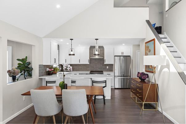 Dining room, Interior, Kitchen, Pendant Lights, Recessed Lighting, Stainless Steel Appliances, Wood Texture Flooring