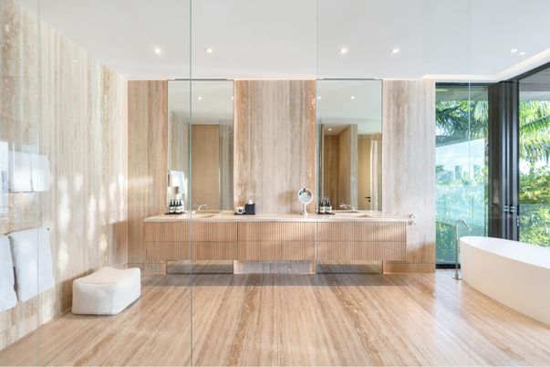 Bathroom, Free Standing Baths, Interior, Recessed Lighting, Wood Texture Flooring