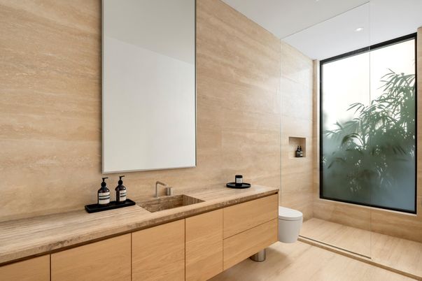 Bathroom, Dual Sink Vanities, Interior, Recessed Lighting, Wood Texture Flooring