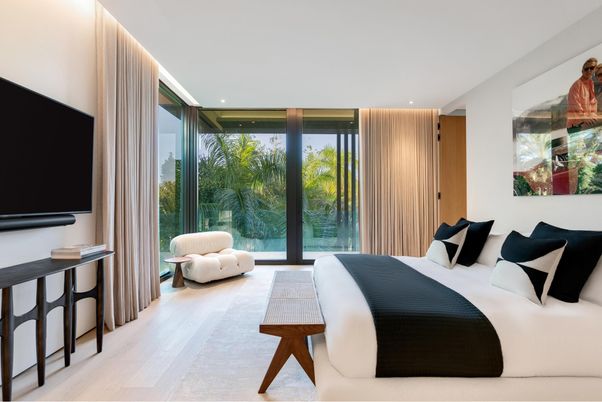 Bedroom, Interior, Recessed Lighting, Wood Texture Flooring