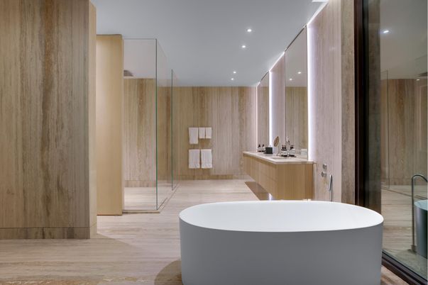 Bathroom, Dual Sink Vanities, Free Standing Baths, Interior, Recessed Lighting, Wood Texture Flooring