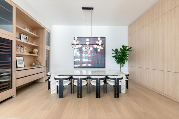 Dining room, Interior, Pendant Lights, Wood Texture Flooring