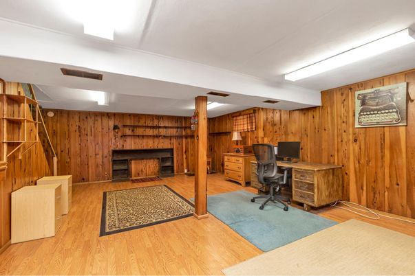 Fireplace, Home Office, Interior, Wood Texture Flooring, Wooden Walls