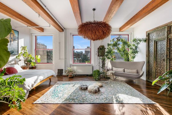 Bedroom, Interior, Pendant Lights, Wooden Beams, Wood Texture Flooring