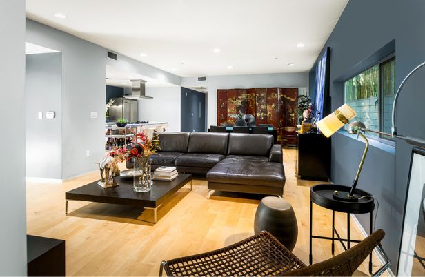 Dining room, Interior, Kitchen, Living room, Recessed Lighting, Wood Texture Flooring