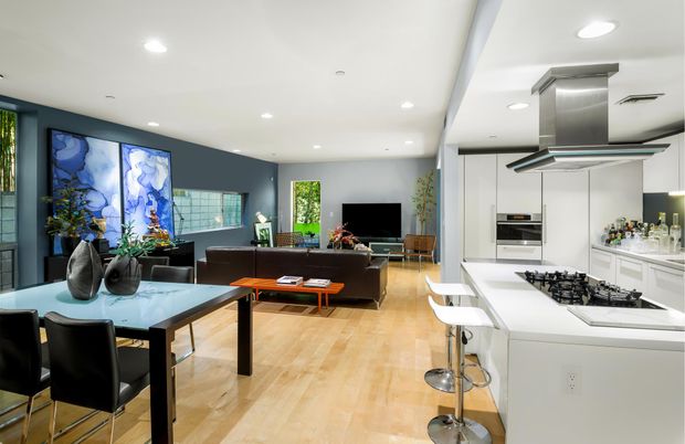 Dining room, Interior, Kitchen, Living room, Recessed Lighting, Stainless Steel Appliances, Wood Texture Flooring