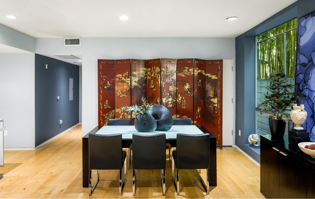 Dining room, Interior, Recessed Lighting, Wood Texture Flooring