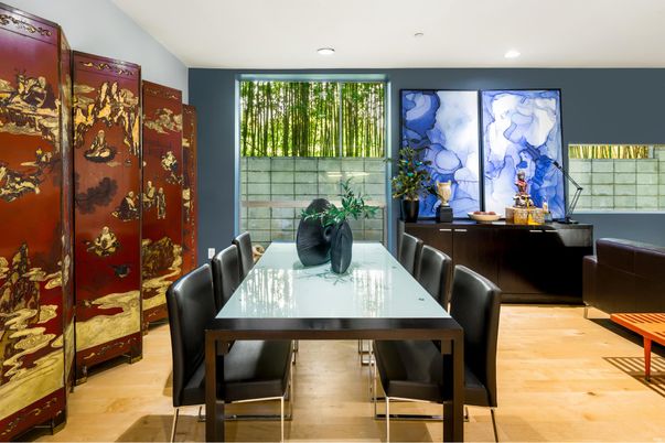 Dining room, Interior, Recessed Lighting, Wood Texture Flooring