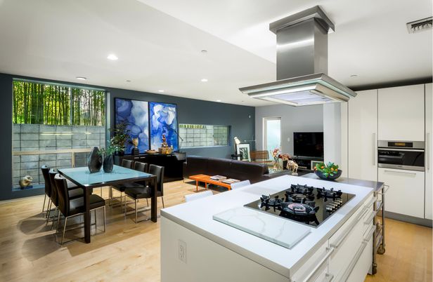 Dining room, Interior, Kitchen, Living room, Recessed Lighting, Stainless Steel Appliances, Wood Texture Flooring