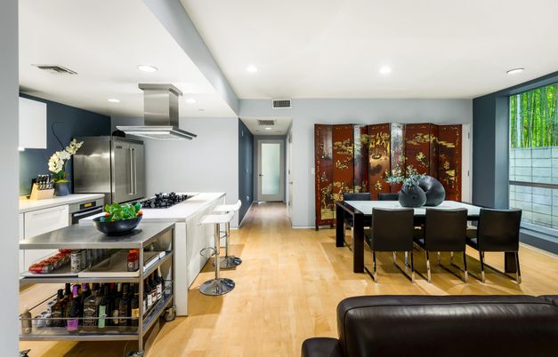 Dining room, Interior, Kitchen, Recessed Lighting, Stainless Steel Appliances, Wood Texture Flooring