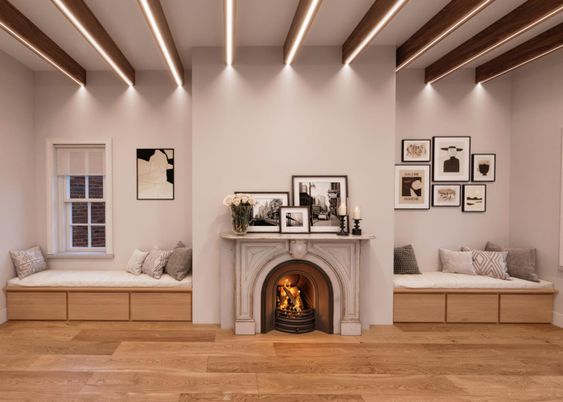 Fireplace, Interior, Wood Texture Flooring