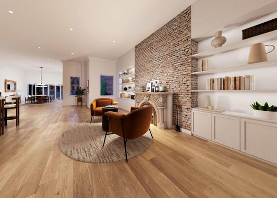 Dining room, Fireplace, Interior, Living room, Pendant Lights, Recessed Lighting, Stone Walls, Wood Texture Flooring
