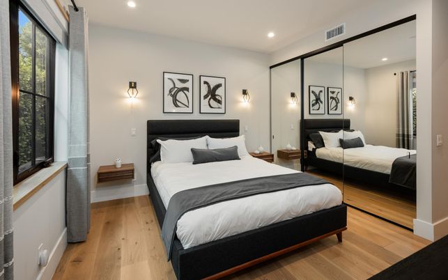 Bedroom, Interior, Recessed Lighting, Wood Texture Flooring